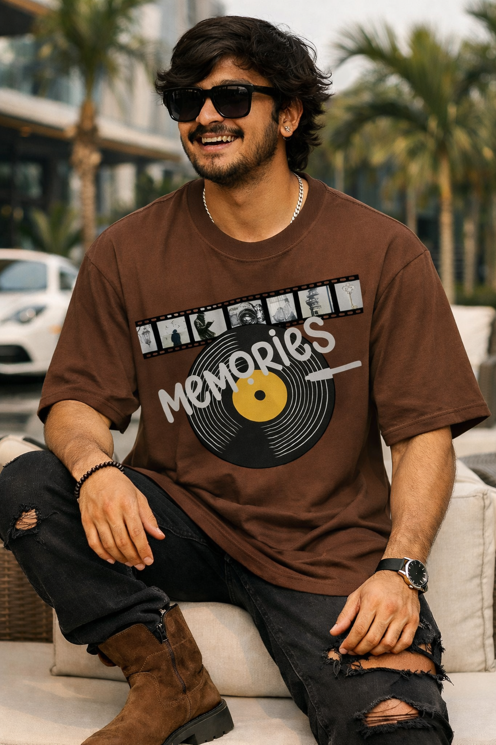Oversized Brown T-Shirt with Vintage Memories Reel